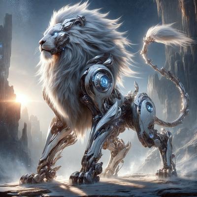 Primary subject: A lion with a mechanical body.

Setting/background: A snowy environment with a mountainous backdrop.

Visual style: Digital art.

Colors and mood: The lion has a silver and blue color scheme, giving it a futuristic and robotic appearance. The snowy environment adds a sense of coldness and isolation to the scene.